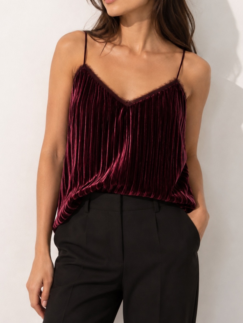 Massimo Dutti Pleated Velvet Camisole Top Burgundy Eyelash Trim Women’s Large